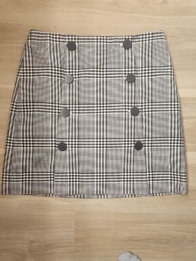 LOFT Navy & White Plaid Double-Button Mini Skirt